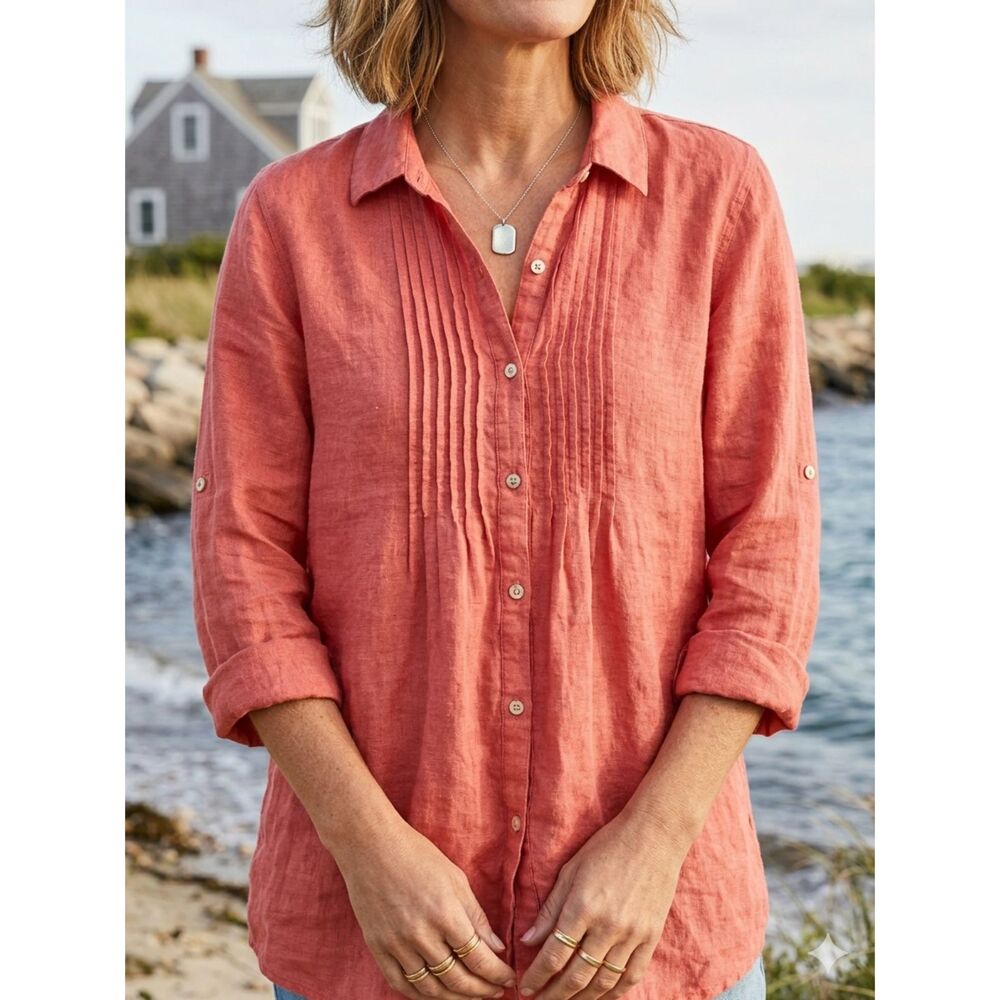 J. Jill 100% Linen top Sz Large Button Up Coastal Beachy Travel Lightweight